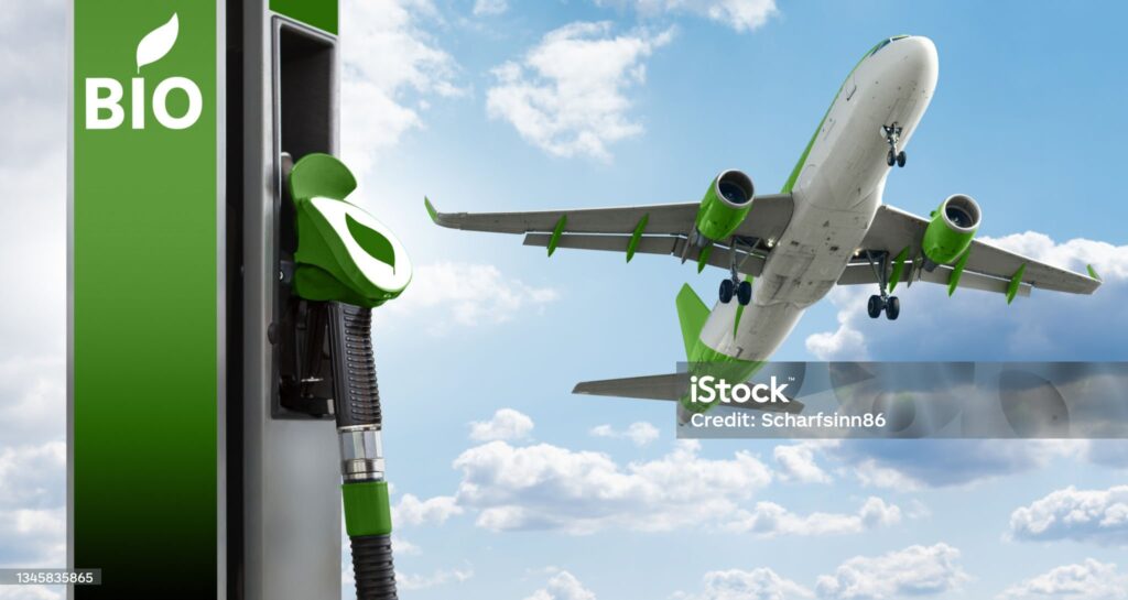 Plane and a gas station with the inscription BIO. Decarbonization concept
